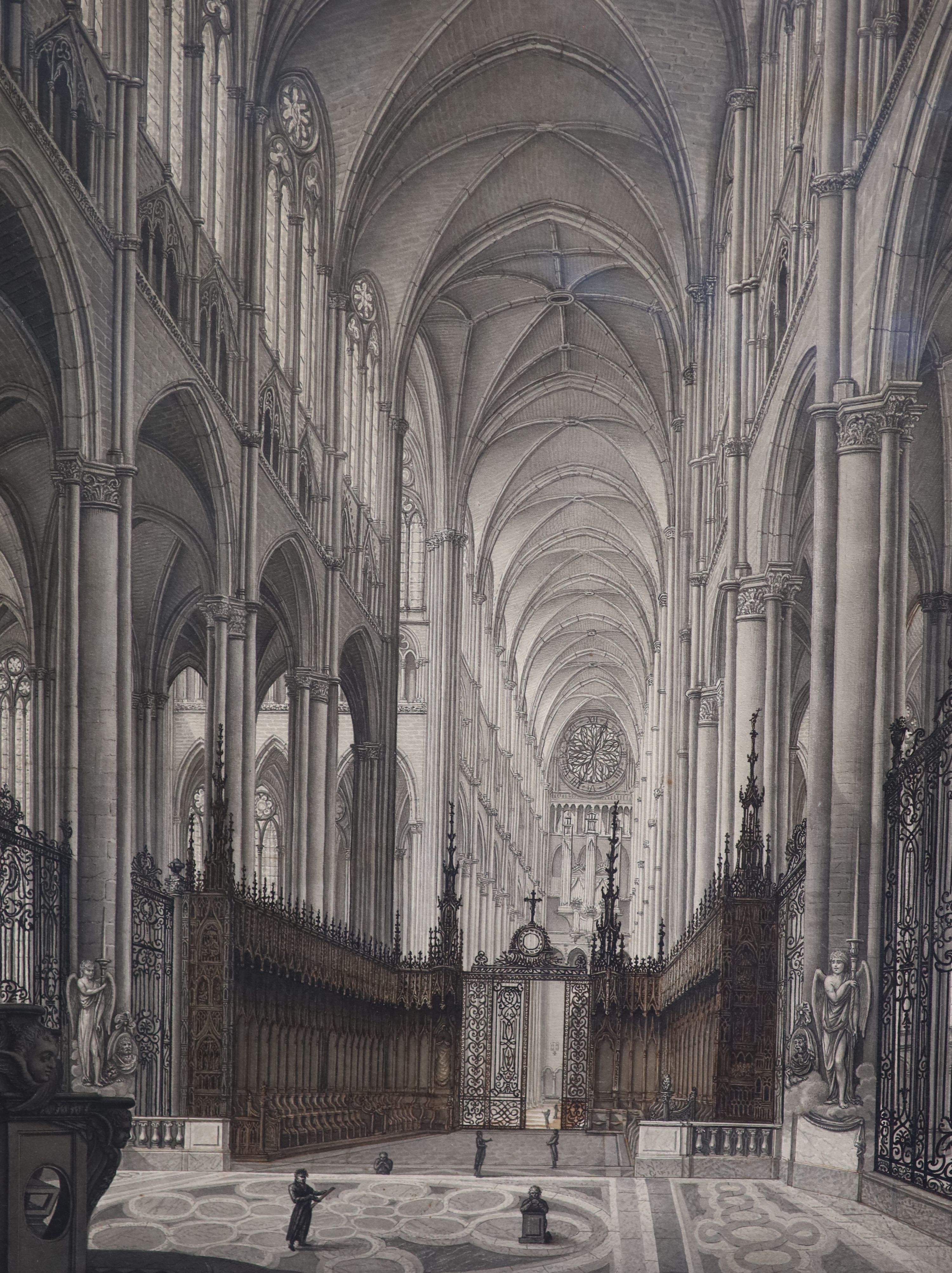 Auguste Joron (fl.c.1820), Cathedral interiors, pair of watercolours en grisaille, 44 x 33.5cm